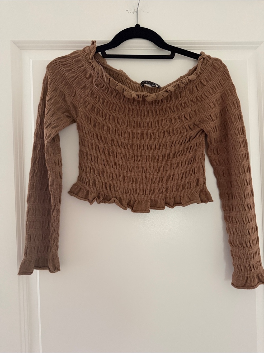 Smocked Ruffle-Hem Crop Top in Brown